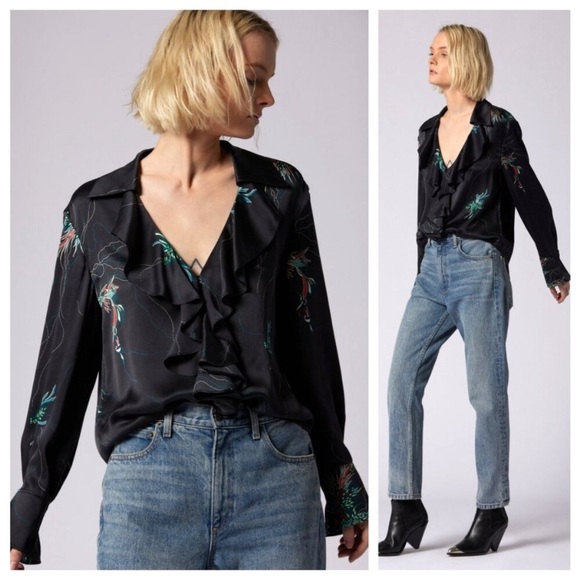 New Equipment Mathilda Floral Washed Silk Ruffle Long Sleeve Blouse Womens Small - Picture 3 of 11